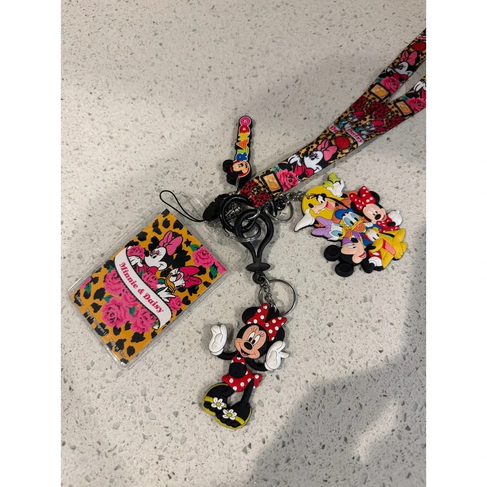Disney Minnie Mouse & Daisy Duck Leopard Print Lanyard ID Badge Holder & Charms